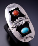 Vintage Size 6 Silver & Turquoise w/ Coral Navajo Feather Ring 4K28X