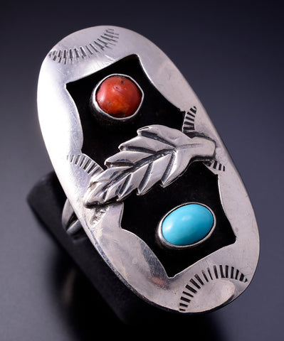 Vintage Size 6 Silver & Turquoise w/ Coral Navajo Feather Ring 4K28X