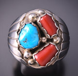 Size 10-1/2 Silver & Turquoise & Coral Navajo Mens Ring by Alvery Smith 3G05T