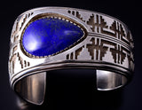 Silver & Lapis Navajo Handmade Rug Design Wide One Side Bracelet Ray Scott 5F04Y