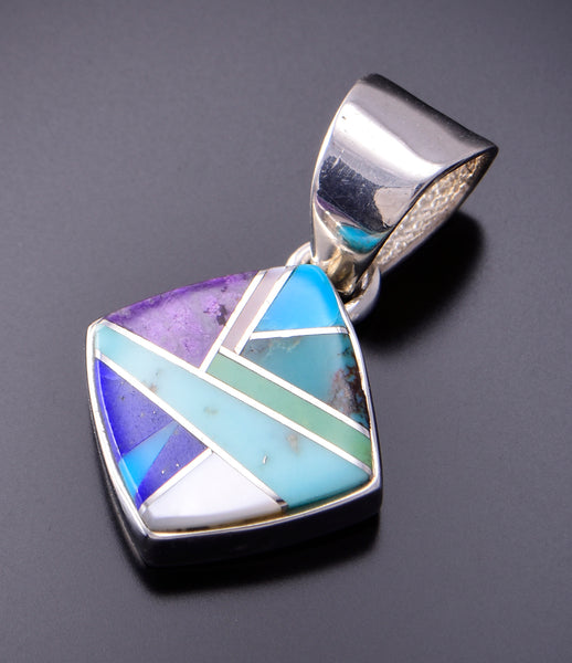 Silver & Turquoise Multistone Navajo Inlay Pendant by Valerie Yazzie 3F19N