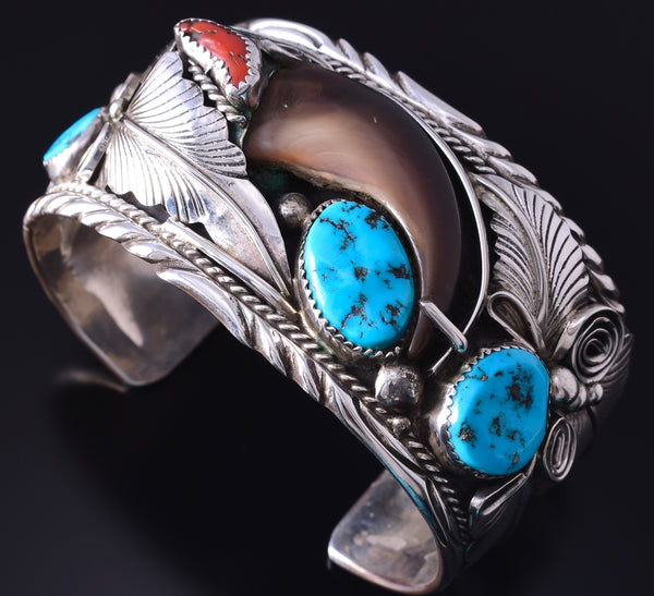 Vintage Silver & Turquoise Bear Claw Navajo Bracelet by Mike Thomas Jr. 5E06M