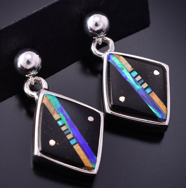 Silver & Jet Multistone Navajo Inlay 2-Sided Earrings by TSF 3L10J