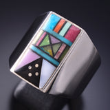 Size 11-1/2 Silver & Turquoise Multistone Navajo Inlay Mens Ring Jimmy Harrison 6F22Q
