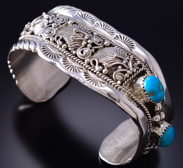 Silver & Kingman Turquoise Navajo Handmade Bracelet by Clarence Long 6F09E