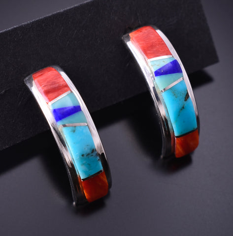 Silver & Turquoise Multistone Navajo Inlay Half Hoop Earrings by TSF 3L10U