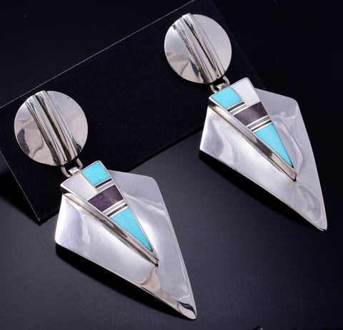 Vintage Silver & Turquoise Multistone Navajo Inlay Earrings by Ray Tracey 5L21O