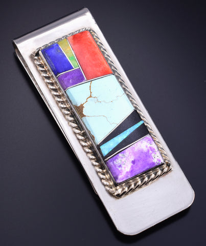 Silver & Turquoise Multistone Navajo Inlay Money Clip by Arnold Yazzie 5L25B
