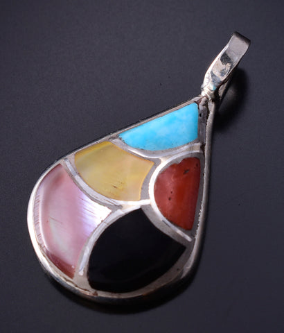 Silver & Turquoise Multistone Zuni Inlay Waterdrop Pendant - Oreena Leekya 5D07H