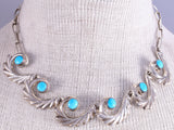 Vintage `18" Silver & Turquoise Navajo Flow Sandcast Necklace 5J29L