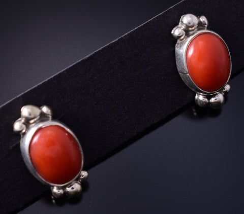 Silver & Mediterranean Coral Navajo Post Earrings 5F10T