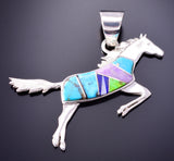 Silver & Turquoise Multistone Navajo Inlay Free Horse Pendant 4B21R