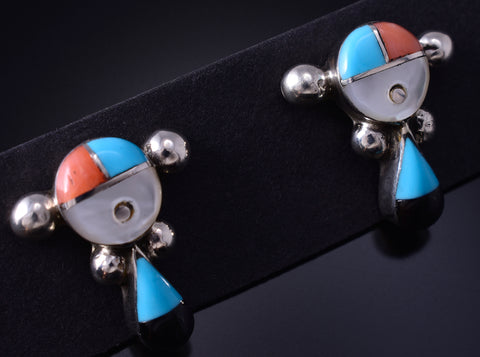 Silver Multistone Zuni Inlay Sunface Earrings by Frederick & Denise Suitza 5G16T