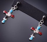 Silver & Turquoise Multistone Zuni Inlay Cross Earrings by Cecelia Iule 6H25Y