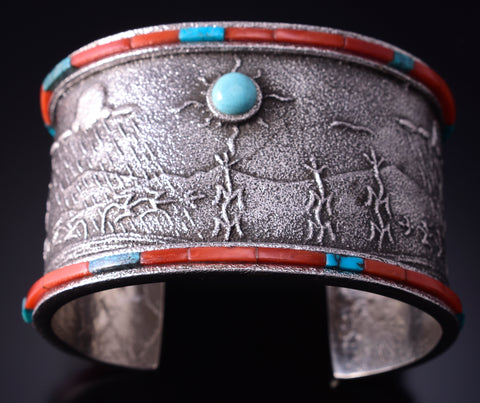 Silver & Coral Turquoise Navajo Tufacast Loving Rain Bracelet Robert Begay 5B19N