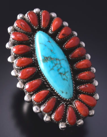 Vintage Size 7-1/2 Silver & Turquoise w/ Coral Navajo Ring 5G12K