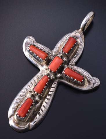 Silver & Mediterranean Coral Zuni Handmade Cross Pendant by Lupe Iule 5F10Z