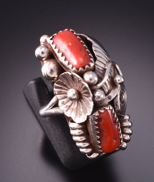 Size 5-1/2 Silver & Coral Feather & Flower Navajo Ring by Max Calabaza 3F22O