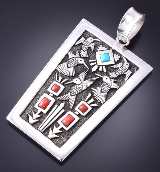 Turquoise & Coral Glorious Hummingbirds Navajo Pendant by Philbert Begay 3J30H