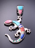 Silver & Turquoise Multistone Navajo Inlay Roaming Lizard Pendant by Aldora Henry 3F12P