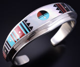 Vintage Silver & Turquoise Multistone Navajo Inlay Sunface Bracelet Ernest Benally 5K22U