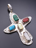 Silver & Turquoise Multistone Zuni Handmade Cross Pendant by Cecelia Iule 6G29F
