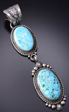 Silver & Kingman Turquoise Navajo Long 2 Stone Pendant by Tom Lewis 6H25N