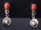 Silver & Coral Navajo Handmade Cowboy Hat Earrings by Judy Largo 5G16X