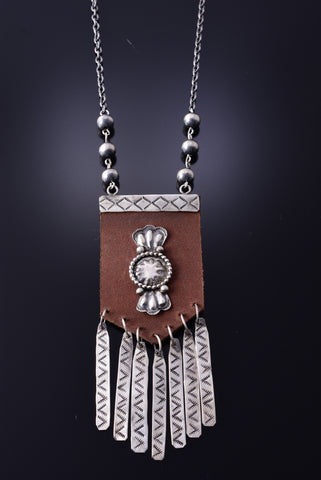 Silver & Leather Navajo Handmade Concho Necklace by Betta Lee 3K31Z