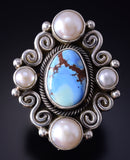Size 8 Silver & Golden Hills Turquoise Fresh Pearl Navajo Ring Erick Begay 5F30J