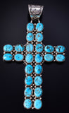 Silver & Kingman Turquoise Navajo Handmade LARGE Cross Pendant by Tony Yazzie 5J18J