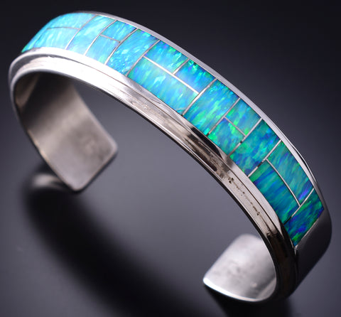 Preowned - Silver & Fire Opal Navajo Inlay Bracelet by Sunburst Handcrafts J23M
