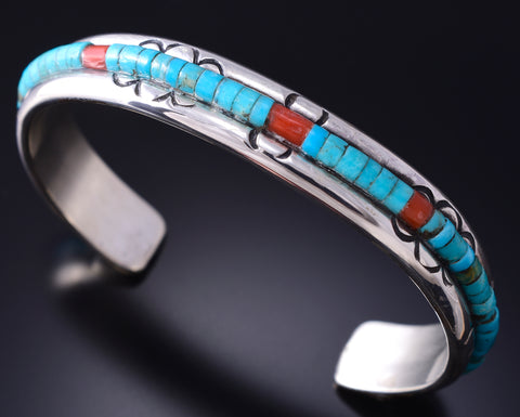 Vintage Silver & Turquoise Coral Heishi Inlay Navajo Bracelet Pete Sierra 5K17G