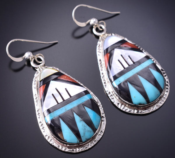 Silver Multistone Zuni Inlay Dangle Earrings by Leslie & Gladys Lamy 6D07M