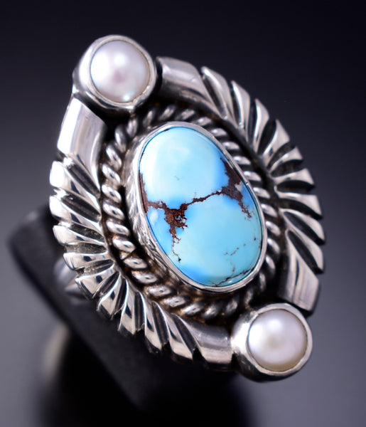 Size 7 Silver & Golden Hills Turquoise Fresh Pearl Navajo Ring Erick Begay 6F28E
