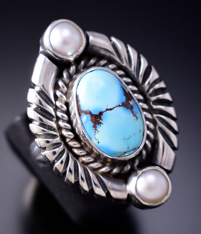 Size 7 Silver & Golden Hills Turquoise Fresh Pearl Navajo Ring Erick Begay 6F28E