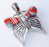 Silver & Coral & Turquoise Navajo Inlay Butterfly Pendant by Erick Begay 3H20Y
