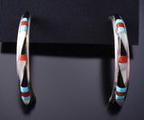 Silver Multistone Zuni Inlay Half Hoop Earrings by Jeanette Chavez 6G29X