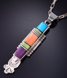 Silver & Turquoise Multistone Navajo Inlay Long Pendant by Benson Shorty 5L13B