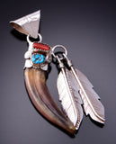 Silver & Turquoise & Coral with Claw Navajo Pendant by Ernest Hawthorne 3F05D