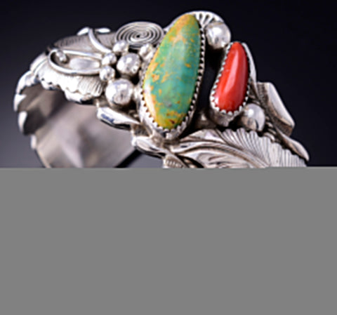 Vintage Silver & Turquoise w/ Coral Navajo Feathers Bracelet by Lester Craig 6D28C