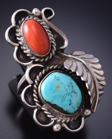 Vintage Size 7-3/4 Silver & Turquoise w/ Coral Eagle Feather Navajo Ring 6F09A