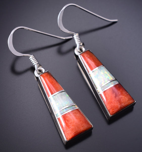 Silver & Spiny Oyster Shell Navajo Inlay Dangle Earrings - James Manygoats 6D07R