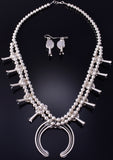 Silver White Buffalo Turquoise Navajo Squash Blossom Necklace/Earring Set 5G28V