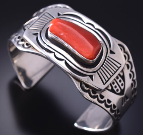 Vintage Silver & Coral Navajo Handmade Bracelet by Steven Begay 6F09S