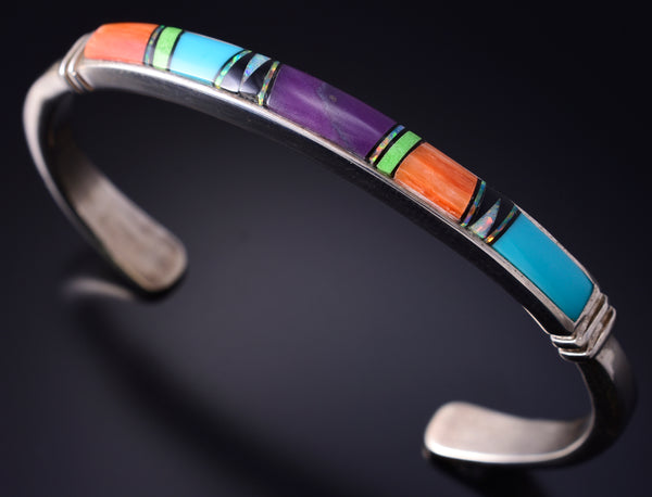 Silver & Turquoise Multistone Navajo Inlay Bracelet by Rick Tolino 5K22N