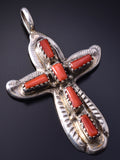 Silver & Mediterranean Coral Zuni Handmade Cross Pendant by Lupe Iule 5F10Z