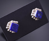 Silver & Lapis Diamond Shaped Zuni Handmade Earrings by Dustin Bobelu 3H02V