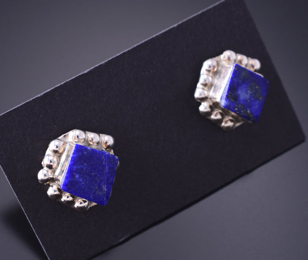 Silver & Lapis Diamond Shaped Zuni Handmade Earrings by Dustin Bobelu 3H02V