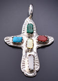 Silver & Turquoise Multistone Zuni Handmade Cross Pendant by Cecelia Iule 6G29F